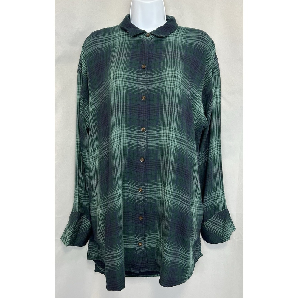J. Jill Blue Green Plaid Button Up Long Sleeve Shirt soft Cozy Lined Pockets L/T